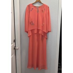 Karin Stevens Layer Long Dress & Jacket Set Coral Peach Pink Floral Embroidery